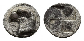 Aiolis, Kyme AR Obol. Circa 480-450 BC. (7mm, 0.4 g) Eagle’s head left, KY in left field / Quadripartite incuse square.