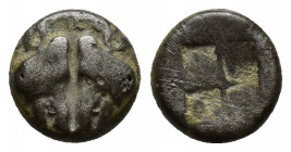 LESBOS, Unattributed early mint. Circa 500-450 BC. AR (9mm, 1.2 g) Diobol Confronted boars’ heads Rev: Quadripartite incuse square.