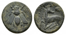 IONIA. Ephesos. Ae (Circa 390-320/00 BC). (14mm, 2.2 g) Uncertain magistrate. Obv: Ε - Φ. Bee. Rev: Stag kneeling left, head right; astragalos above....
