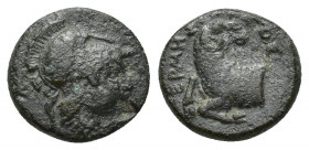 IONIA. Klazomenai. Ae(11mm, 1.8 g) (4th century BC). Uncertain magistrate Obv: Helmeted head of Athena right. Rev: Forepart of ram left.