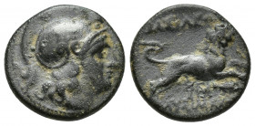 KINGS OF THRACE. Lysimachos (305-281 BC). Ae. (18mm, 5 g) Uncertain mint. Obv: Helmeted head of Athena right. Rev: BAΣIΛEΩΣ ΛYΣIMAXOY. Lion leaping ri...