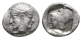 Mysia, Lampsakos AR Diobol. Mysia, Lampsakos AR Diobol. (10mm, 1.3 g) c. 500-450. Female janiform head / Helmeted head of Athena l. within incuse squa...