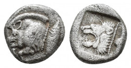 Greek Mysia. Kyzikos circa 450-400 BC. AR Diobol (9mm, 1.1 g) Forepart of boar to left, tunny fish behind. Rev: Head of roaring lion to left within in...