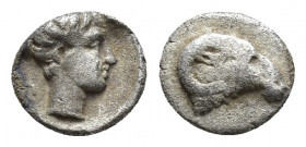 CARIA, Uncertain. Circa 4th Century BC. AR Hemiobol (7mm, 0.3 g).Young male head right / Ram's head right.