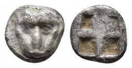 Cimmerian Bosporos, Pantikapaion, c. 480-470 BC. AR Obol (8mm, 0.3 g). Facing lion’s head. R/ Quadripartite incuse square.