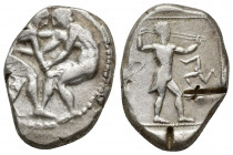 Pamphylia, Aspendos. AR Stater (24mm, 11.1 g), c. 420-400 BC. Obv. Two wrestlers grappling. Rev. slinger to right; triskeles in field.