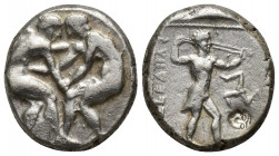 Pamphylia, Aspendos. AR Stater (21mm, 10.8 g), c. 420-400 BC. Obv. Two wrestlers grappling. Rev. slinger to right; triskeles in field.