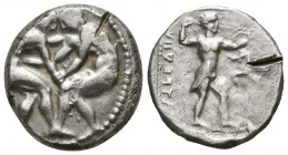 Pamphylia, Aspendos. AR Stater (22mm, 11 g), c. 420-400 BC. Obv. Two wrestlers grappling. Rev. slinger to right; triskeles in field.