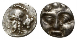 Greek Pisidia. Selge circa 350-300 BC. Obol AR (9mm, 1.2 g). Head of Athena to left, wearing crested Attic helmet, behind, astragalos / Facing gorgone...