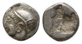 IONIA, Phokaia. Circa 521-478 BC. AR Hemihekte. (9mm, 1.3 g). Phokaic standard. Obv: Female head left, wearing helmet or close fitting cap. Rev: Quadr...
