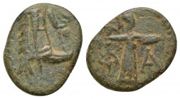 Lycia, Phaselis. Ca. 190-167 B.C. AE 19 (19.7mm, 3.8 g). Prow of war galley right; Nike flying right above, crowning prow / Φ-A, Athena standing right...