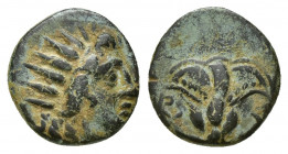 ISLANDS off CARIA. Rhodos, Rhodes. Circa 205-188 BC. Æ Chalkon (11mm, 1.3 g). Radiate head of Helios right / [P]-O, rose with bud to right