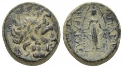 Phrygia, Apameia, c. 100-50 BC. Æ (19mm, 8.4 g). Herakle-, and Eglo-, magistrates. Laureate head of Zeus r. R/ Cult statue of Artemis Anaïtis facing....