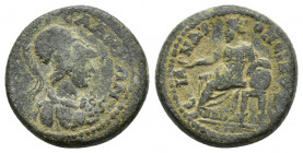 LYDIA. Sala. Pseudo-autonomous. Time of Trajan (98-117). Ae. (18mm, 4.8 g) Alexandros, hiereus. Obv: СΑΛΗΝΩΝ. Helmeted bust of Athena right, wearing a...