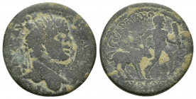 LYDIA, Sardis. Caracalla. AD 198-217. Æ (24mm, 7.9 g). Struck AD 211-217. Radiate bust right / ϹΑΡΔΙΑΝΩΝ Β ΝƐΩΚΟΡΩΝ; Heracles advancing r., brandishin...