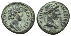 LYDIA, Stratonicaea-Hadrianopolis. Pseudo-autonomous issue. Circa early 2nd century AD. Æ (16mm, 2.6 g). Draped bust of Roma right, wearing mural crow...