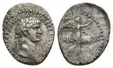 CAPPADOCIA, Caesaraea-Eusebia. Nero. AD 54-68. AR Hemidrachm (15mm, 1.8 g). Laureate head of Nero right / ARME-NIAC, Nike advancing right, holding pal...
