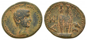 PAMPHYLIA, Aspendus. Augustus(?). 27 BC-AD 14. Æ (18mm, 3.3 g). Bare head right / Cult statues of Aphrodite Kastnietides; to right, bearded head right...