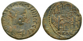 Gallienus. AD 253-268. Æ Octassarion (24mm, 7.5 g). Nicaea mint. POU LI EG GALLIHNOC CEB, radiate, draped, and cuirassed bust right / APICTW/MEGI acro...