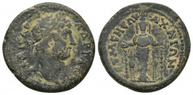 Phrygia, Eumenea. Hadrian Æ (25mm, 10.65g, 6h). Laureate head r. R ΚΑΙϹΑΡ ΑΔΡΙΑΝΟϹ / ΕΥΜΕΝΕΩΝ ΑΧΑΙΩΝ Cult statue of Artemis Ephesia with supports, bet...
