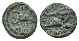Lydia, Magnesia ad Sipylum Æ (11mm, 1.5 g) Pseudo-autonomous issue, mid 3rd century AD. CIΠVΛOV, scorpion. / MAΓNHTΩN, river-god Hermus reclining to l...