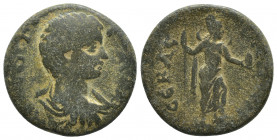PHRYGIA, Sebaste. Geta. As Caesar, 198-209 AD. Æ (23.8mm, 8.3 g). Bare-headed, draped and cuirassed bust right / CEBAC-T-HNΩN, MÍn standing right, foo...