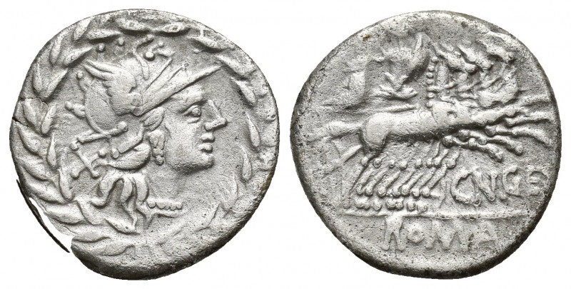 Cn. Gellius, Denarius, Rome, 138 BC. AR (18mm, 3.9 g). Helmeted head of Roma r.;...