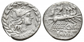 Cn. Gellius, Denarius, Rome, 138 BC. AR (18mm, 3.9 g). Helmeted head of Roma r.; denomination mark behind; all within laurel wreath, Rv. Mars driving ...