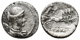 T. Carisius AR Denarius. (17mm, 3.3 g) Rome, 46 BC. Draped and winged bust of Victory right; S•C behind / Victory driving quadriga right.