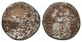 The Triumvirs. Mark Antony. Fourrée Denarius (15.5mm, 3.1 g). Legionary issue. Praetorian galley right / Aquila between two signa.