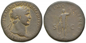Trajan. AD 98-117. Æ Sestertius (34mm, 26.41 g, 6h). Rome mint. Struck circa AD 104/5-107. Laureate bust right, Trajan standing facing, head right, ho...