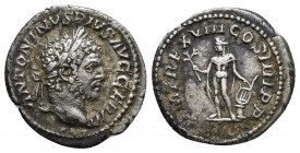 Caracalla. Silver Denarius (18mm, 2.8 g), AD 198-217. Rome, AD 215. ANTONINVS PIVS AVG GERM, laureate head of Caracalla right. Reverse: P M TR P XVIII...