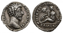 Marcus Aurelius. A.D. 161-180. AR denarius (16.8mm, 3.5 g). Rome mint, Struck A.D. 165. ANTONINVS AVG ARMENIACVS, laureate head right / P M TR P XIX I...
