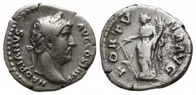 Hadrian AR Denarius. (17mm, 3 g) Rome, circa AD 137-138. HADRIANVS AVG COS III P P, bare head to right, slight drapery on far shoulder / FORTVNA AVG, ...