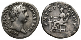 Trajan, 98-117. Denarius (Silver, 18mm, 3 g), Rome, 100. IMP CAES NERVA TRAIAN AVG GERM Laureate head of Trajan to right. Rev. P•M•TR•P•COS•III•P•P Co...