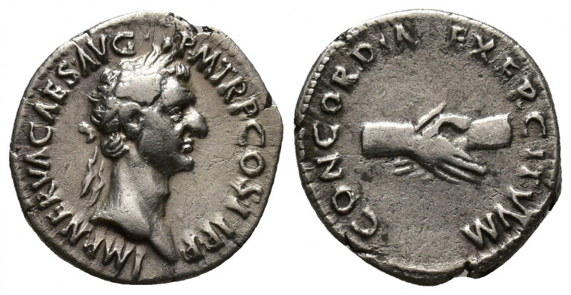 Nerva AR Denarius, Clasped hands reverse Nerva (96-98 AD). AR Denarius (18mm, 3....