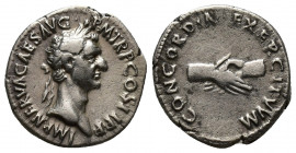 Nerva AR Denarius, Clasped hands reverse Nerva (96-98 AD). AR Denarius (18mm, 3.6 g), Rome, 97. Obv. IMP NERVA CAES AVG P M TR P COS III P P, Laureate...
