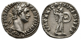 Domitian, 81-96 AD, AR denarius (17mm, 3.4 g), Rome, 90-91 AD, RIC-719, laureate head right, IMP CAES DOMIT AVG GERM P M TR P X // Minerva advancing r...