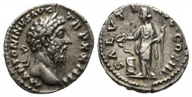 Marcus Aurelius, as Augustus (AD 161-180). AR denarius Rome, (18mm, 3.2 g) December AD 177-December AD 169. M ANTONINVS AVG-TR P XXIIII, laureate head...