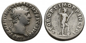 TRAJAN (98-117). Denarius. (17mm, 2.8 g) Rome. Obv: IMP TRAIANO AVG GER DAC P M TR P COS V P P. Laureate bust right, wearing aegis. Rev: S P Q R OPTIM...