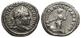 Caracalla AR Denarius. (18mm, 3 g) Rome, AD 210-213. ANTONINVS PIVS AVG BRIT, laureate head right / PROVIDENTIAE DEORVM, Providentia standing left, ho...