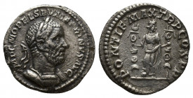 Macrinus, 217 - 218 AD Silver Denarius, Rome Mint, (18mm, 2.3 g) Obverse: IMP C M OPEL SEV MACRINVS AVG, Laureate and cuirassed bust of Macrinus right...
