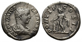 Geta, as caesar (Septimius Severus, 193-211), Denarius, Rome, early AD 209; AR (18mm, 2.9 g); P SEPTIMIVS GETA CAES, bare head r., Rv. PONTIF COS II, ...