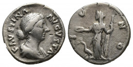 FAUSTINA II (Augusta, 147-176). Denarius. (17.5mm, 3.3 g) Rome. Obv: FAVSTINA AVGVSTA. Draped bust right. Rev: IVNO. Juno standing left with patera an...