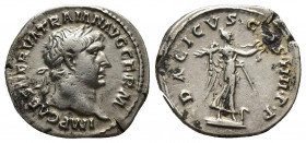 Trajan AR Denarius. (19mm, 3.3 g) Rome, 101-102 AD. IMP CAES NERVA TRAIANVS AVG GERM, laureate bust right / P M TR P COS IIII P P, Victory standing ri...