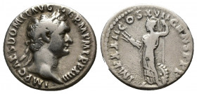 Domitian AR Denarius. (18mm, 3.3 g)Rome, AD 96. IMP CAES DOMIT AVG GERM P M TR P XV, laureate head right / IMP XXII COS XVII CENS P P P, Minerva stand...