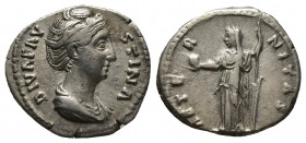 Diva Faustina Senior. Wife of Antoninus Pius, Empress 138-140. Denarius (Silver, 16mm, 3.4 g), Rome, struck to commemorate her death in AD 140, circa ...