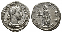 Severus Alexander AD 222-235. Struck AD 232. Rome Denarius AR (18mm, 3.4 g) IMP ALEXANDER PIVS AVG, laureate and draped bust of Severus Alexander to r...