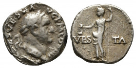 VESPASIAN (69-79). Denarius. (16mm, 3.5 g) Rome. Obv: IMP CAES VESP AVG P M COS IIII. Laureate head right. Rev: VESTA. Vesta standing left, holding si...