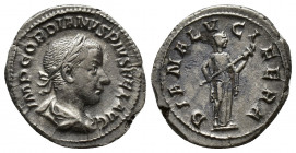 Gordian III. AD 238-244. AR Denarius. (19mm, 3.3 g) IMP GORDIANVS PIVS FEL AVG, Laureate, draped and cuirasssed bust right. / DIANA LVCIFERA, Diana st...